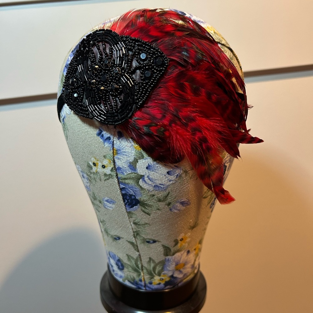 Elegant Red and Black Feathered Headpiece